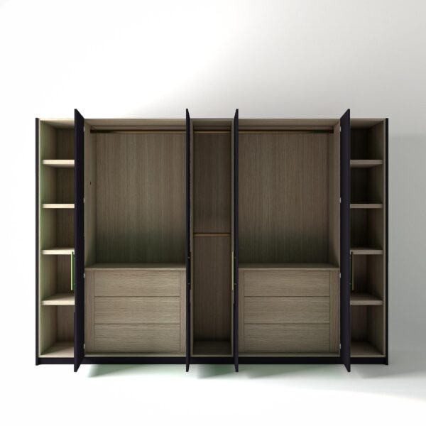 3.2 metre plum coloured freestanding wardrobe by On-Trend Wardrobes, all doors open showing oak internals with a mix of hanging rails, slim shelving units and slim drawer units