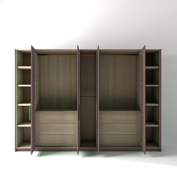 3.2 metre blush-pink coloured freestanding wardrobe by On-Trend Wardrobes, all doors open showing oak internals with a mix of hanging rails, slim shelving units and slim drawer units