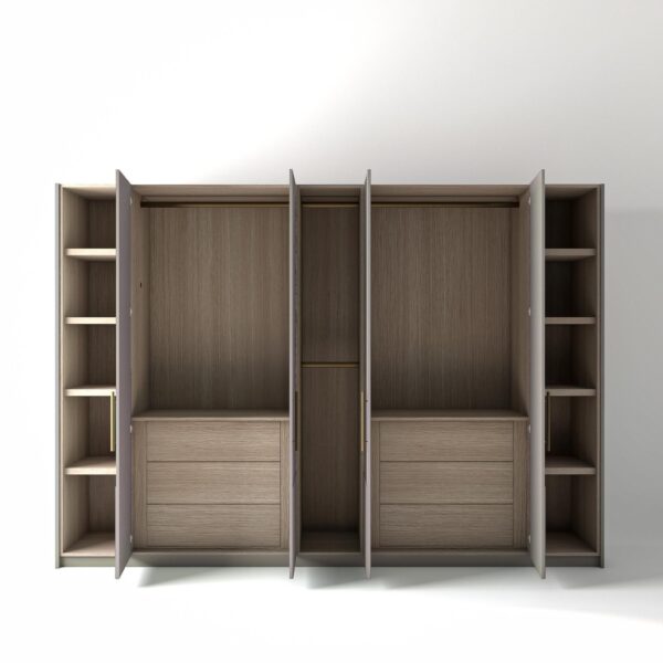 3.2 metre grey coloured freestanding wardrobe by On-Trend Wardrobes, all doors open showing oak internals with a mix of hanging rails, slim shelving units and slim drawer units