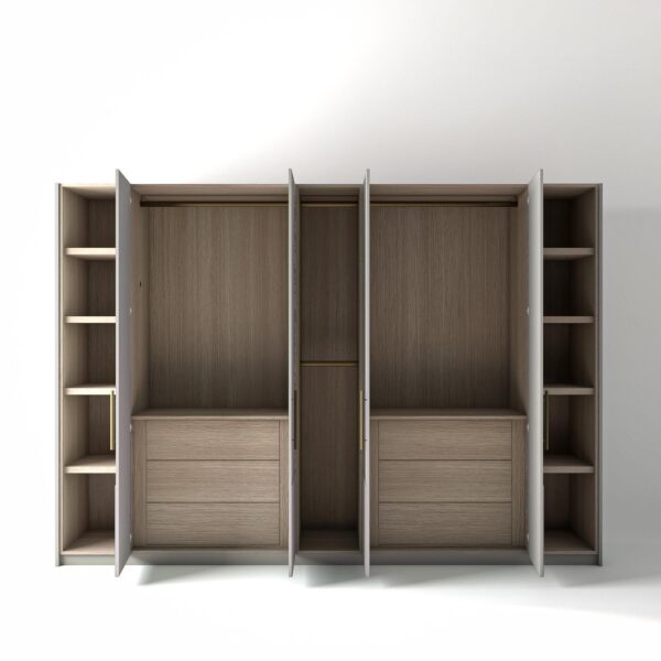 3.2 metre light grey coloured freestanding wardrobe by On-Trend Wardrobes, all doors open showing oak internals with a mix of hanging rails, slim shelving units and slim drawer units