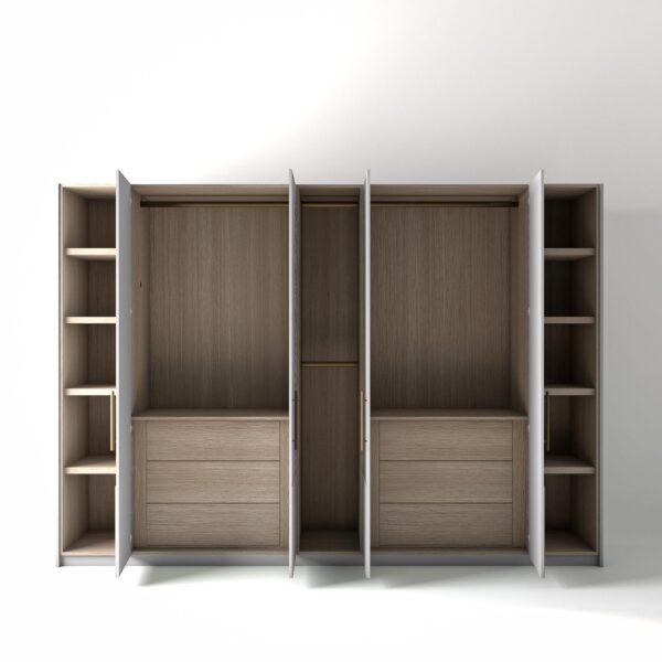3.2 metre white coloured freestanding wardrobe by On-Trend Wardrobes, all doors open showing oak internals with a mix of hanging rails, slim shelving units and slim drawer units