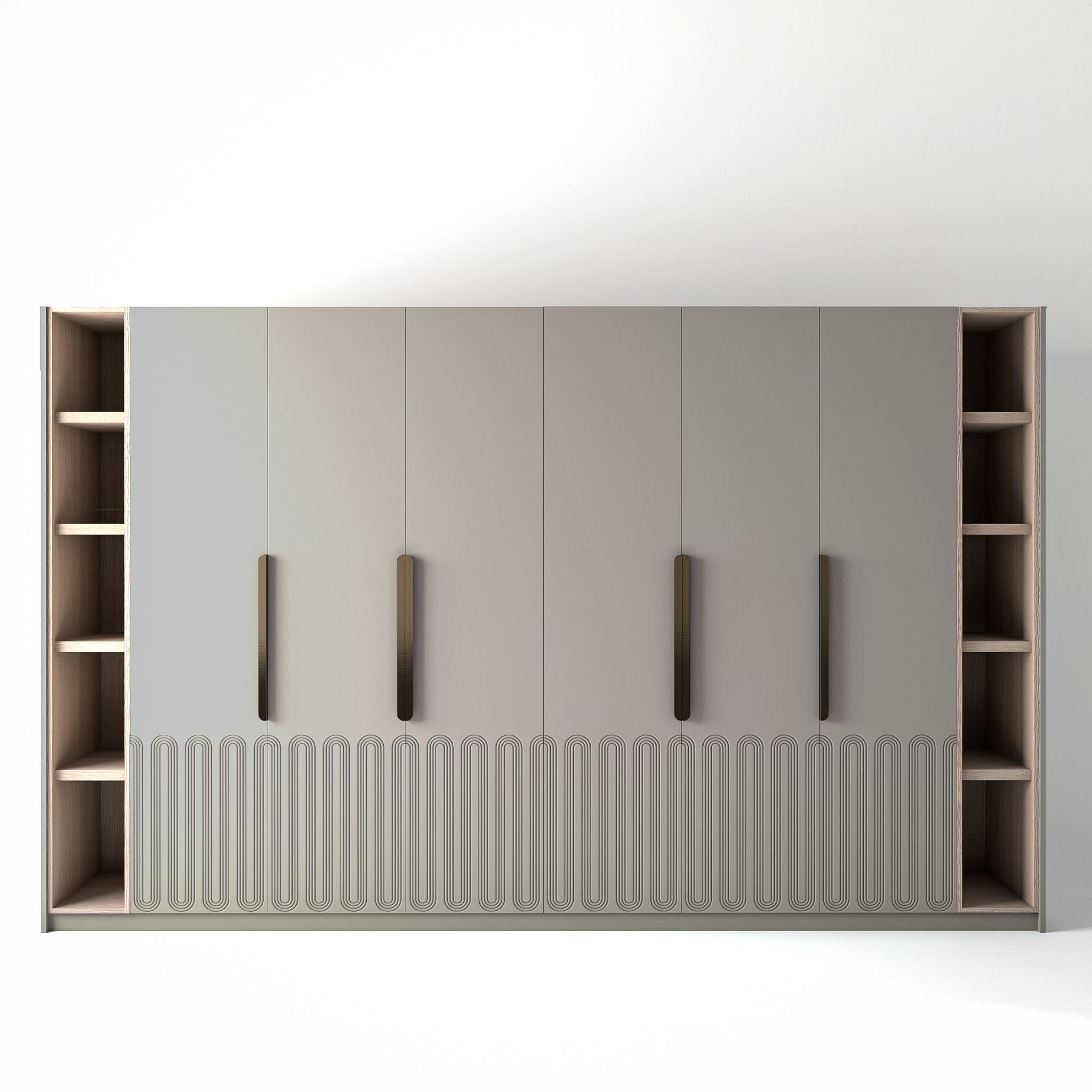 3.6 metre grey coloured freestanding wardrobe by On-Trend Wardrobes, with geo-miami door design and slim open oak shelving to each end, in a white studio setting