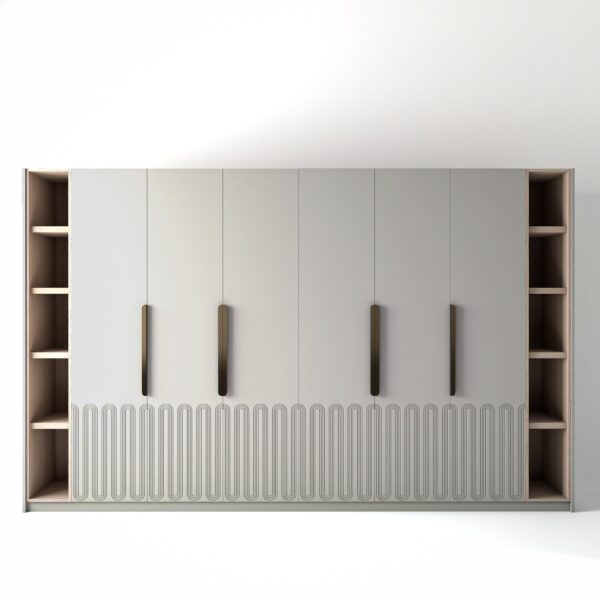 3.6 metre light grey coloured freestanding wardrobe by On-Trend Wardrobes, with geo-miami door design and slim open oak shelving to each end, in a white studio setting
