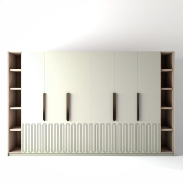 3.6 metre off-white coloured freestanding wardrobe by On-Trend Wardrobes, with geo-miami door design and slim open oak shelving to each end, in a white studio setting