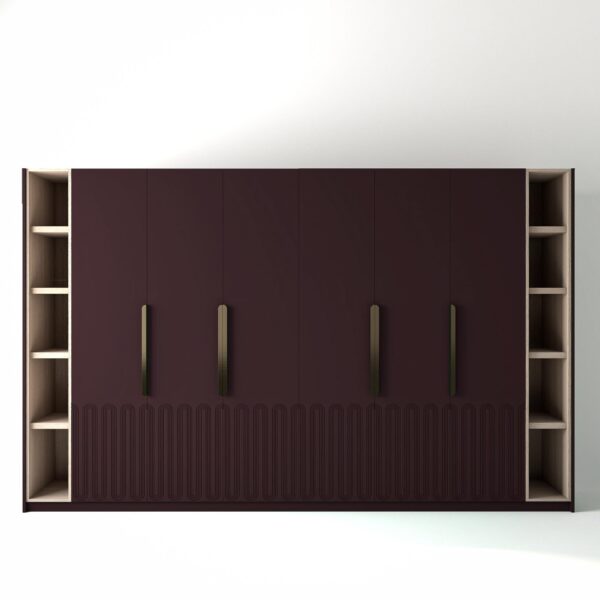 3.6 metre wine coloured freestanding wardrobe by On-Trend Wardrobes, with geo-miami door design and slim open oak shelving to each end, in a white studio setting