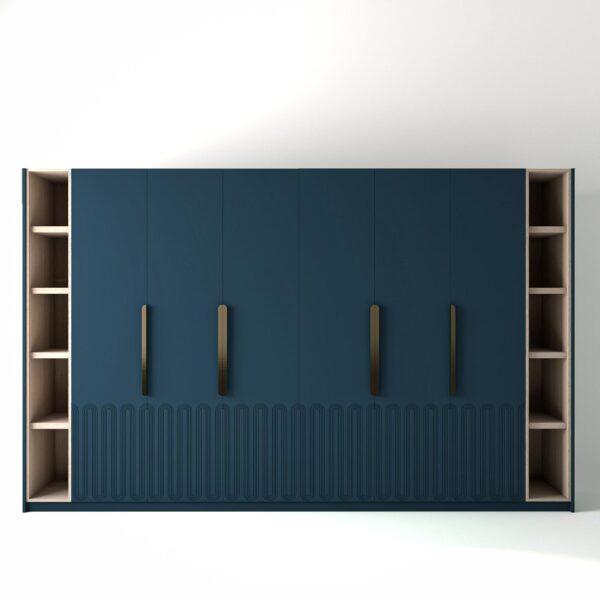 3.6 metre blue coloured freestanding wardrobe by On-Trend Wardrobes, with geo-miami door design and slim open oak shelving to each end, in a white studio setting