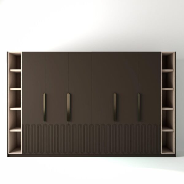 3.6 metre clay coloured freestanding wardrobe by On-Trend Wardrobes, with geo-miami door design and slim open oak shelving to each end, in a white studio setting