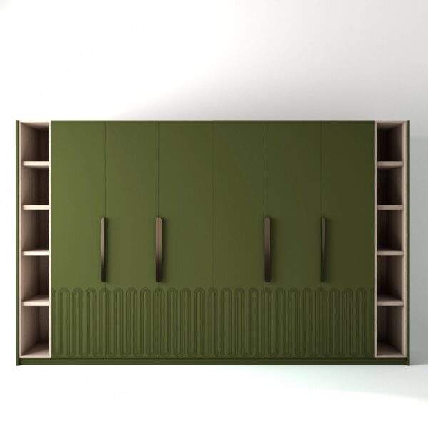 3.6 metre green coloured freestanding wardrobe by On-Trend Wardrobes, with geo-miami door design and slim open oak shelving to each end, in a white studio setting
