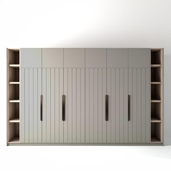 3.6 metre grey coloured freestanding wardrobe by On-Trend Wardrobes, with geo-deco door design and slim open oak shelving to each end, in a white studio setting