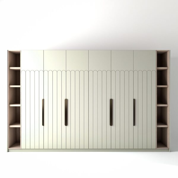 3.6 metre off-white coloured freestanding wardrobe by On-Trend Wardrobes, with geo-deco door design and slim open oak shelving to each end, in a white studio setting