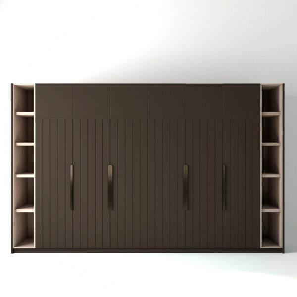 3.6 metre clay coloured freestanding wardrobe by On-Trend Wardrobes, with geo-deco door design and slim open oak shelving to each end, in a white studio setting