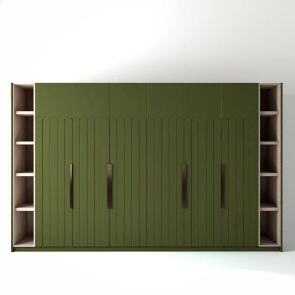 3.6 metre olive coloured freestanding wardrobe by On-Trend Wardrobes, with geo-deco door design and slim open oak shelving to each end, in a white studio setting