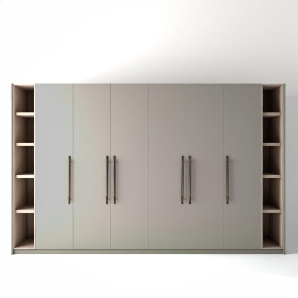 3.6 metre grey coloured freestanding wardrobe by On-Trend Wardrobes, with flat-panel door design and slim open oak shelving to each end, in a white studio setting