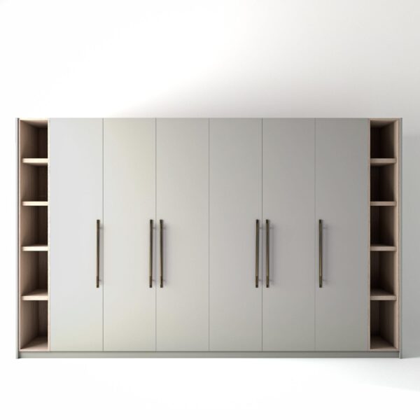 3.6 metre light grey coloured freestanding wardrobe by On-Trend Wardrobes, with flat-panel door design and slim open oak shelving to each end, in a white studio setting