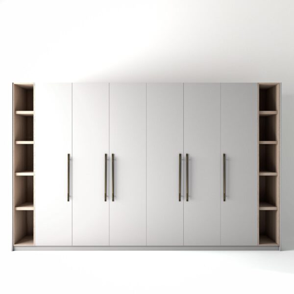 3.6 metre white coloured freestanding wardrobe by On-Trend Wardrobes, with flat-panel door design and slim open oak shelving to each end, in a white studio setting