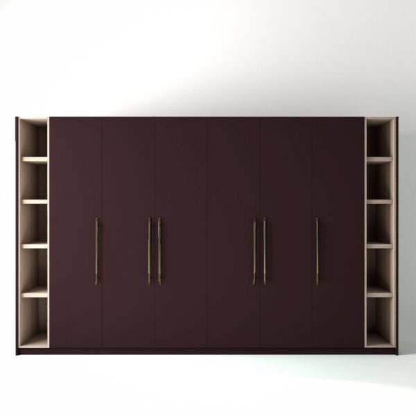 3.6 metre wine coloured freestanding wardrobe by On-Trend Wardrobes, with flat-panel door design and slim open oak shelving to each end, in a white studio setting