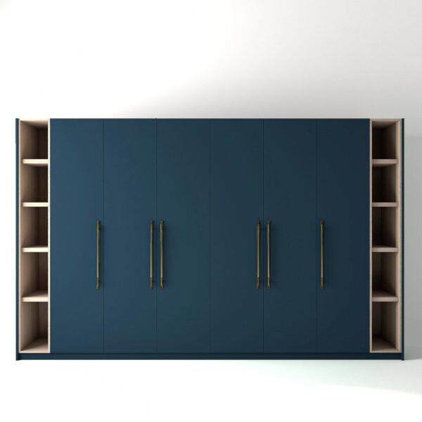 3.6 metre blue coloured freestanding wardrobe by On-Trend Wardrobes, with flat-panel door design and slim open oak shelving to each end, in a white studio setting