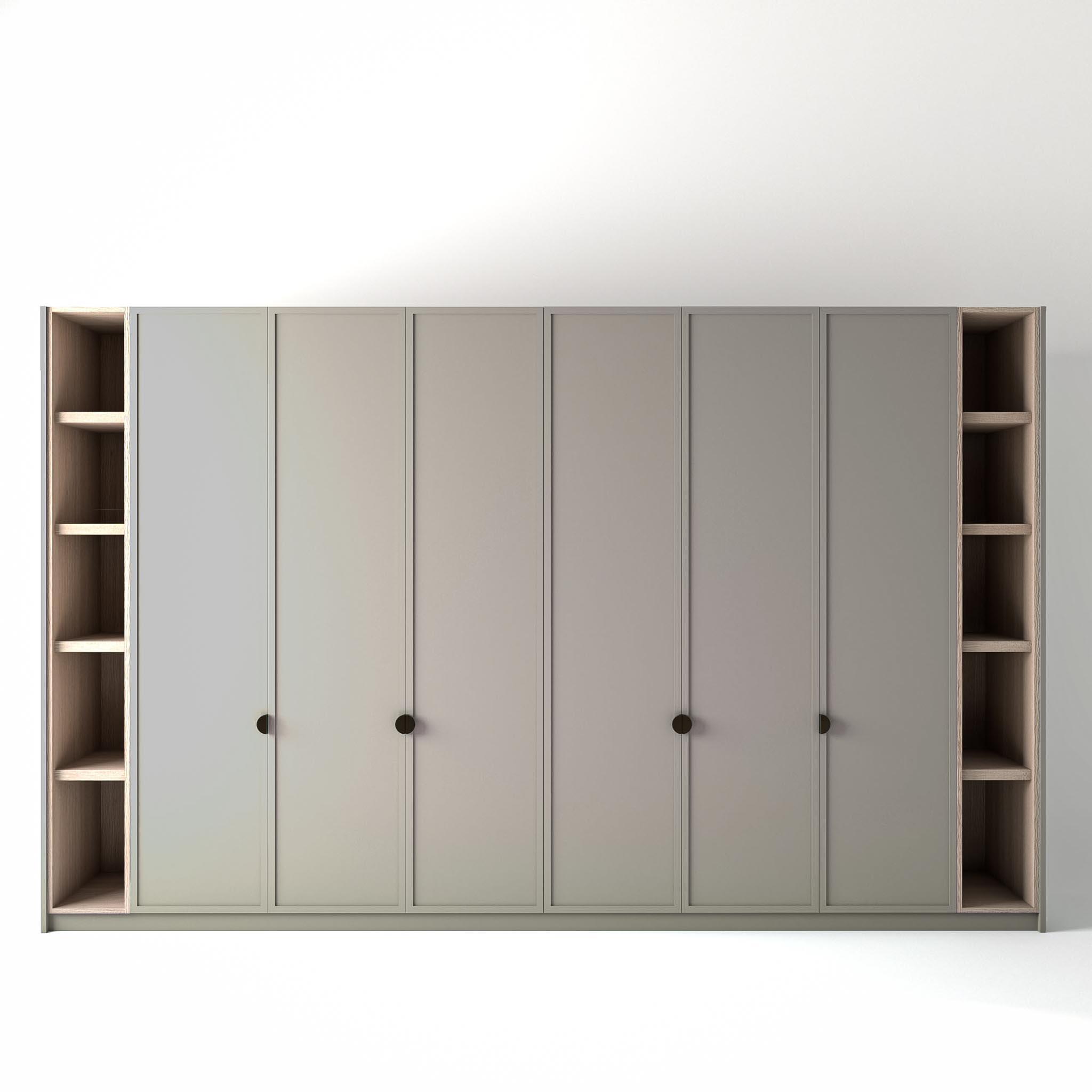 3.6 metre grey coloured freestanding wardrobe by On-Trend Wardrobes, with modern shaker door design and slim open oak shelving to each end, in a white studio setting
