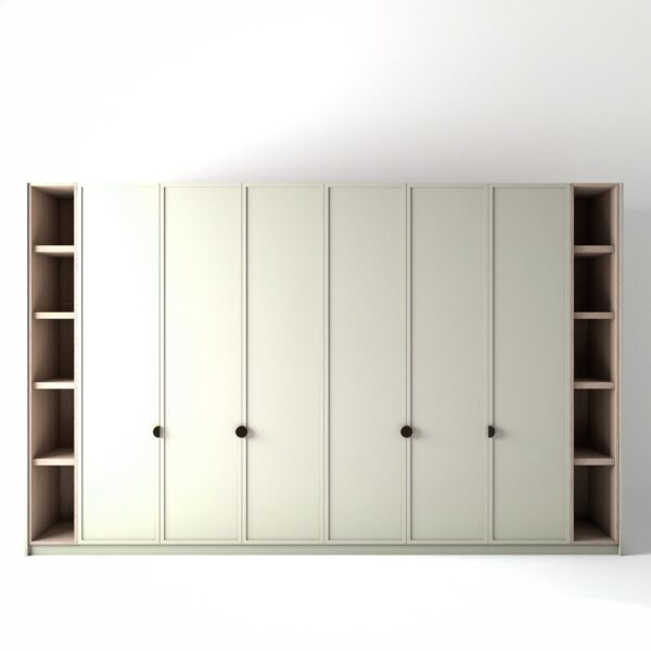 3.6 metre off-white coloured freestanding wardrobe by On-Trend Wardrobes, with modern shaker door design and slim open oak shelving to each end, in a white studio setting