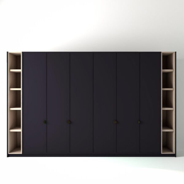 3.6 metre plum coloured freestanding wardrobe by On-Trend Wardrobes, with modern shaker door design and slim open oak shelving to each end, in a white studio setting