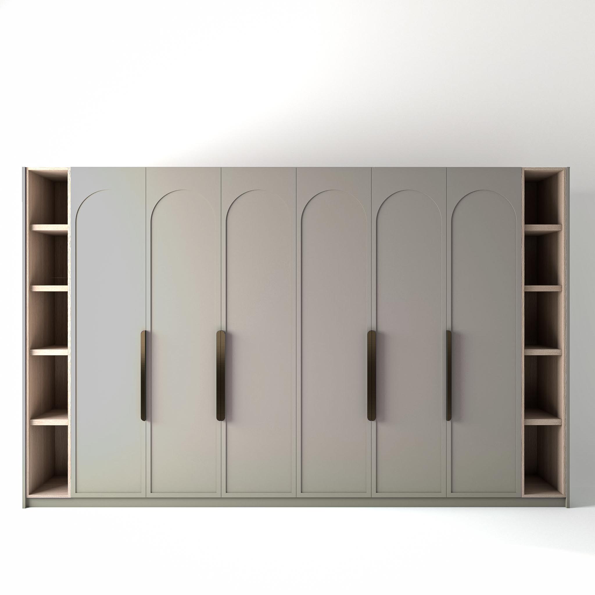 3.6 metre grey coloured freestanding wardrobe by On-Trend Wardrobes, with arched shaker door design and slim open oak shelving to each end, in a white studio setting