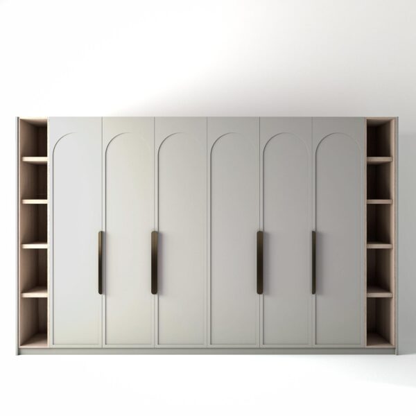 3.6 metre light grey coloured freestanding wardrobe by On-Trend Wardrobes, with arched shaker door design and slim open oak shelving to each end, in a white studio setting