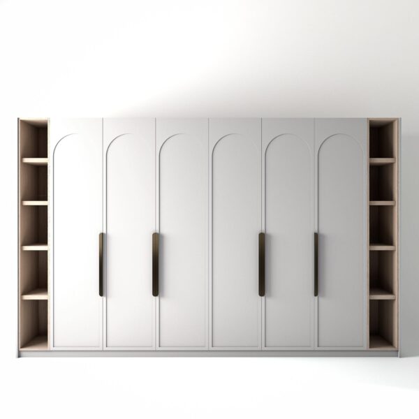 3.6 metre white coloured freestanding wardrobe by On-Trend Wardrobes, with arched shaker door design and slim open oak shelving to each end, in a white studio setting