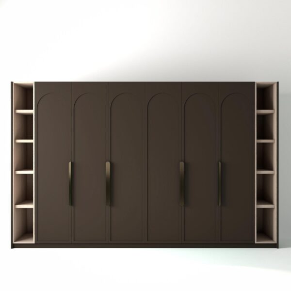 3.6 metre clay coloured freestanding wardrobe by On-Trend Wardrobes, with arched shaker door design and slim open oak shelving to each end, in a white studio setting