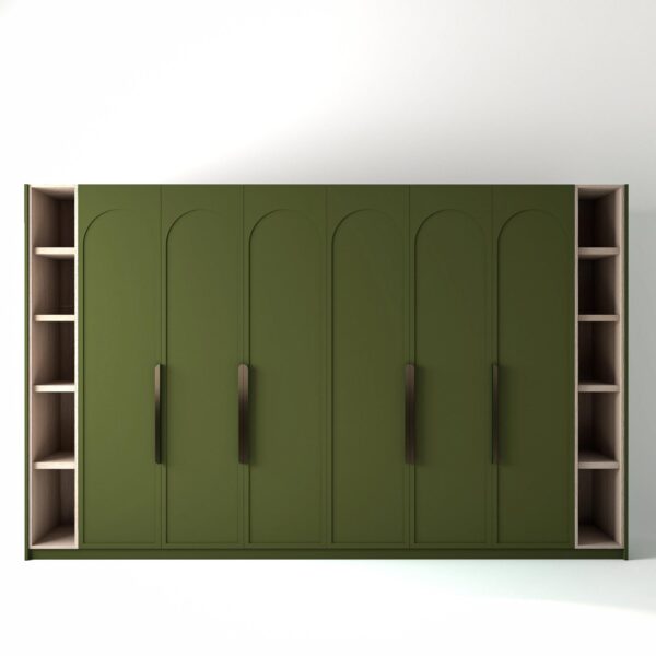 3.6 metre olive coloured freestanding wardrobe by On-Trend Wardrobes, with arched shaker door design and slim open oak shelving to each end, in a white studio setting