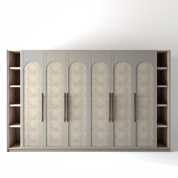 3.6 metre grey coloured freestanding wardrobe by On-Trend Wardrobes, with arched shaker door design including arched fabric panel and slim open oak shelving to each end, in a white studio setting