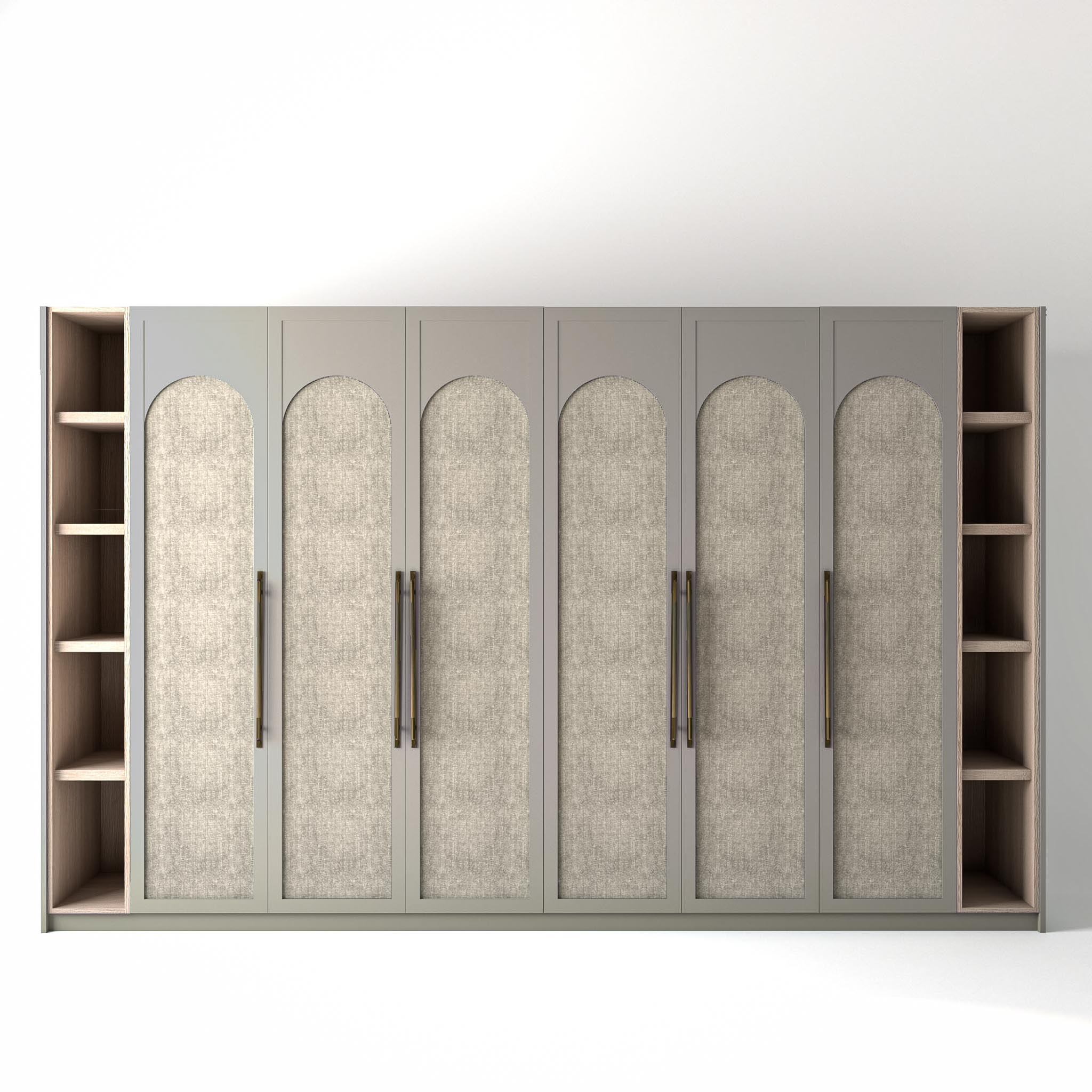 3.6 metre grey coloured freestanding wardrobe by On-Trend Wardrobes, with arched shaker door design including arched fabric panel and slim open oak shelving to each end, in a white studio setting