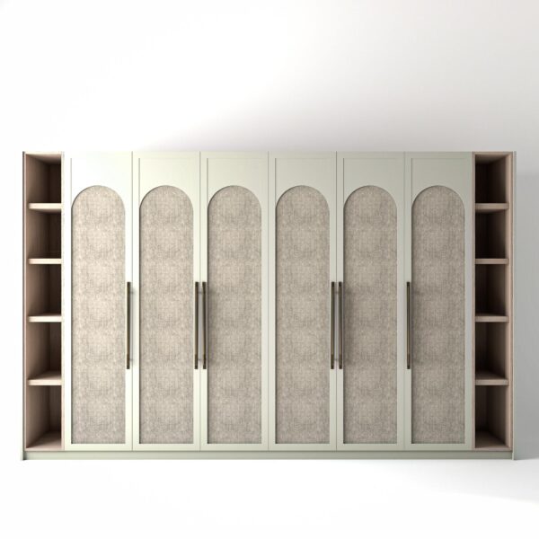 3.6 metre off-white coloured freestanding wardrobe by On-Trend Wardrobes, with arched shaker door design including arched fabric panel and slim open oak shelving to each end, in a white studio setting