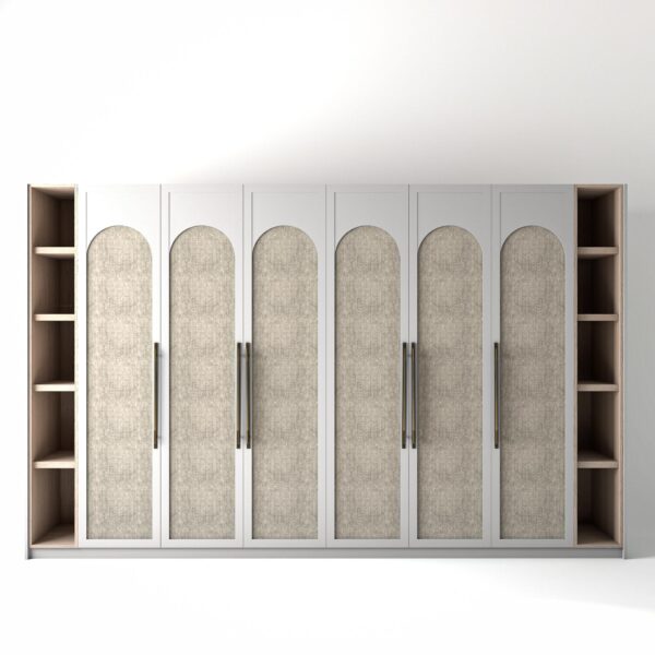 3.6 metre white coloured freestanding wardrobe by On-Trend Wardrobes, with arched shaker door design including arched fabric panel and slim open oak shelving to each end, in a white studio setting