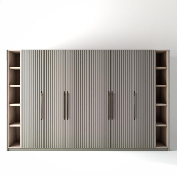 3.6 metre grey coloured freestanding wardrobe by On-Trend Wardrobes, with ribbed door design and slim open oak shelving to each end, in a white studio setting