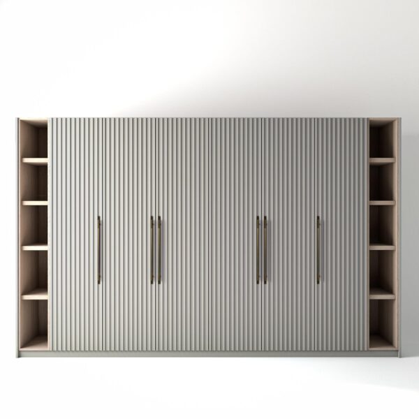 3.6 metre light grey coloured freestanding wardrobe by On-Trend Wardrobes, with ribbed door design and slim open oak shelving to each end, in a white studio setting