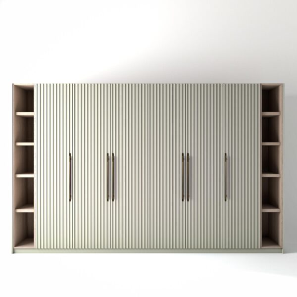 3.6 metre off-white coloured freestanding wardrobe by On-Trend Wardrobes, with ribbed door design and slim open oak shelving to each end, in a white studio setting