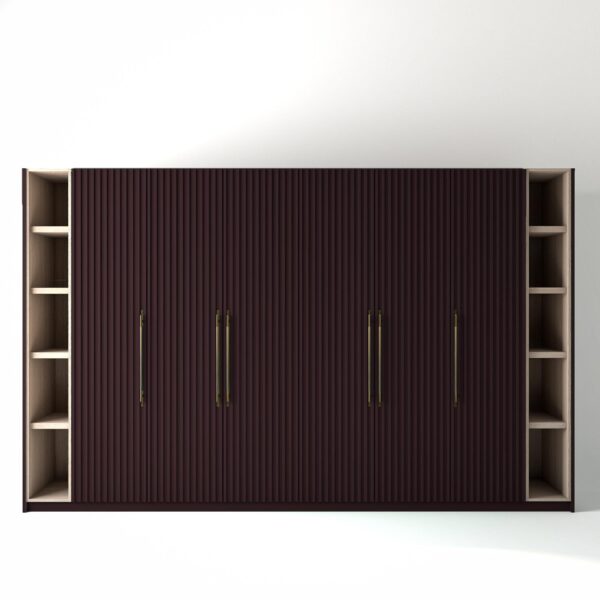 3.6 metre wine coloured freestanding wardrobe by On-Trend Wardrobes, with ribbed door design and slim open oak shelving to each end, in a white studio setting