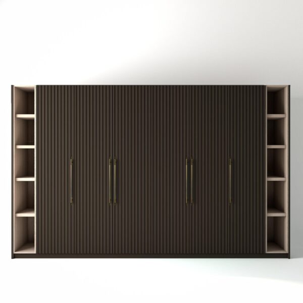 3.6 metre clay coloured freestanding wardrobe by On-Trend Wardrobes, with ribbed door design and slim open oak shelving to each end, in a white studio setting