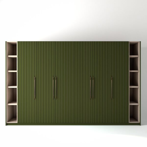 3.6 metre olive coloured freestanding wardrobe by On-Trend Wardrobes, with ribbed door design and slim open oak shelving to each end, in a white studio setting