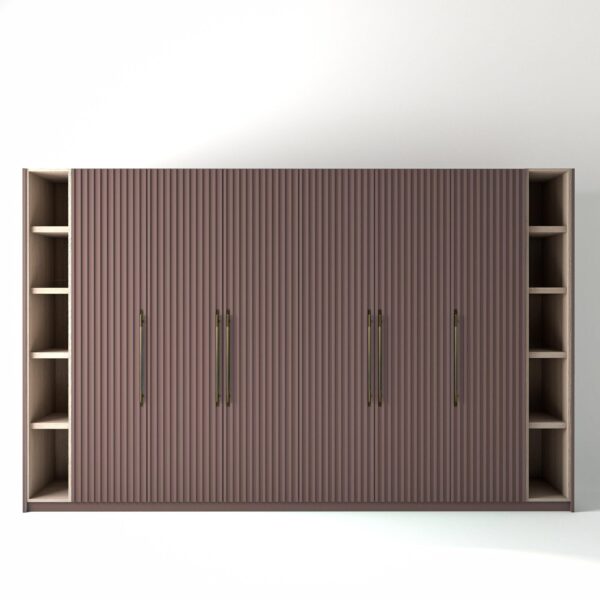3.6 metre blush pink coloured freestanding wardrobe by On-Trend Wardrobes, with ribbed door design and slim open oak shelving to each end, in a white studio setting