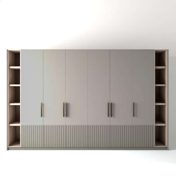 3.6 metre grey coloured freestanding wardrobe by On-Trend Wardrobes, with low ribbed door design and slim open oak shelving to each end, in a white studio setting