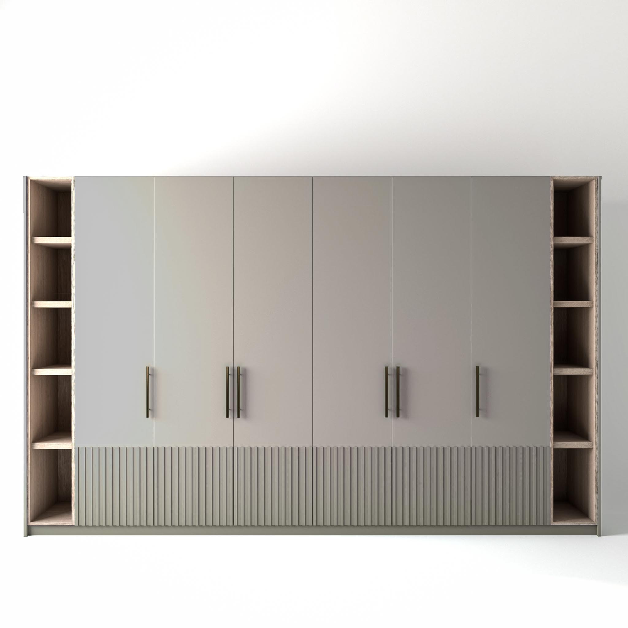 3.6 metre grey coloured freestanding wardrobe by On-Trend Wardrobes, with low ribbed door design and slim open oak shelving to each end, in a white studio setting
