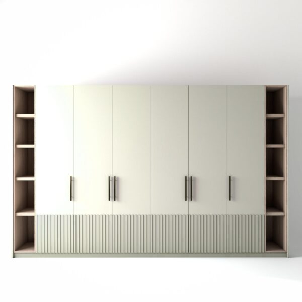 3.6 metre off-white coloured freestanding wardrobe by On-Trend Wardrobes, with low ribbed door design and slim open oak shelving to each end, in a white studio setting