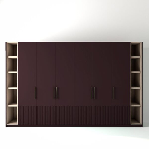 3.6 metre wine coloured freestanding wardrobe by On-Trend Wardrobes, with low ribbed door design and slim open oak shelving to each end, in a white studio setting
