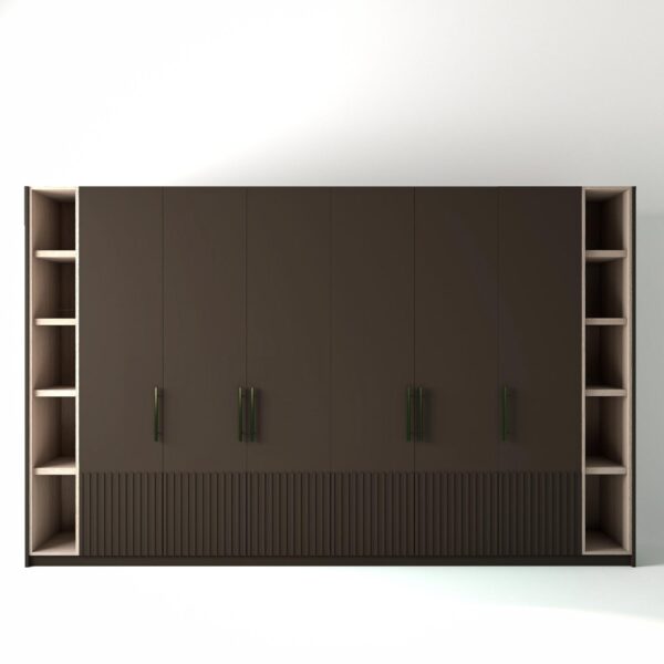 3.6 metre clay coloured freestanding wardrobe by On-Trend Wardrobes, with low ribbed door design and slim open oak shelving to each end, in a white studio setting