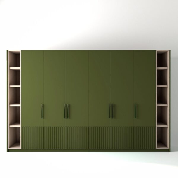 3.6 metre green coloured freestanding wardrobe by On-Trend Wardrobes, with low ribbed door design and slim open oak shelving to each end, in a white studio setting