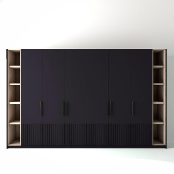 3.6 metre plum coloured freestanding wardrobe by On-Trend Wardrobes, with low ribbed door design and slim open oak shelving to each end, in a white studio setting