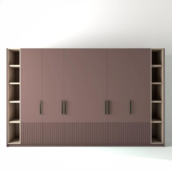 3.6 metre blush pink coloured freestanding wardrobe by On-Trend Wardrobes, with low ribbed door design and slim open oak shelving to each end, in a white studio setting