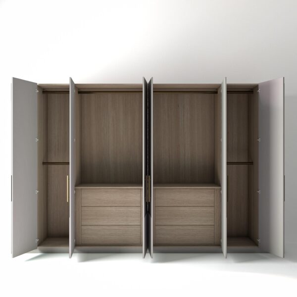 3.6 metre light grey coloured freestanding wardrobe by On-Trend Wardrobes, all doors open showing oak internals with a mix of hanging rails, slim shelving units and drawer units