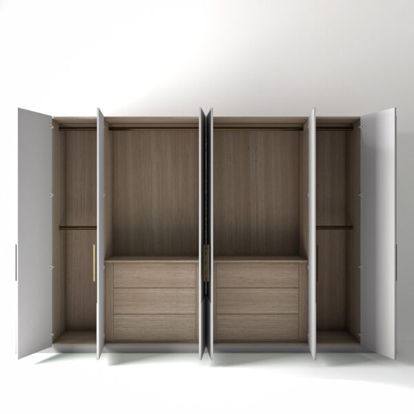 3.6 metre white coloured freestanding wardrobe by On-Trend Wardrobes, all doors open showing oak internals with a mix of hanging rails, slim shelving units and drawer units